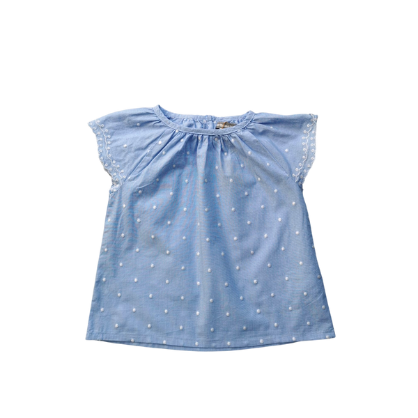 Blouse bleue à pois blancs